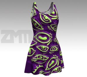 A generated image of a purple dress with bright green eyes all over it.