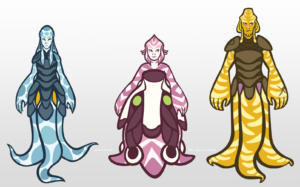 drawings of three squid aliens, a blue, pink and yellow one