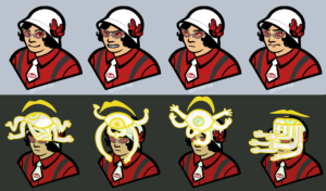 A row of expressions on the woman in red with the eye monster.