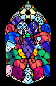 An illustration of a colourful stained glass window featuring all sorts of pieces from different board and tabletop games.