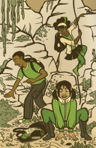 Three kids exploring a cave. The illustration is in greens and browns. 