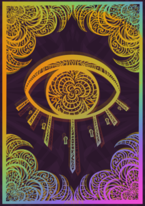 A strange staring eye with stylized doors, surrounded by odd organic patterns and all in strange colours.