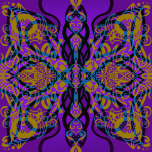 a blue, purple and dark yellow pattern on a purple background. There's something almost butterfly-like to it.