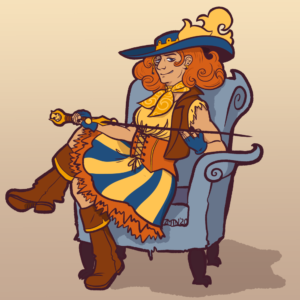 A whimsically dressed pirate woman sits back on a chair, smiling at the viwer and holding a sword.