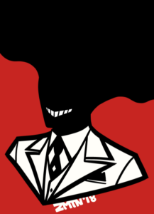 a figure with pitch black smoke instead of a face with only a toothy grin visible wearing a white suit