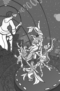 An illustration of a circus in space, with performers stacked on each other wearing costumes and posing. Many of them and the audience are aliens. 